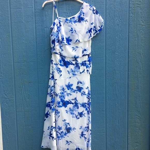 Ralph Lauren Adaleide Floral One Shoulder Midi Dress Cold White Blue Ruffle 12 - Picture 3 of 8